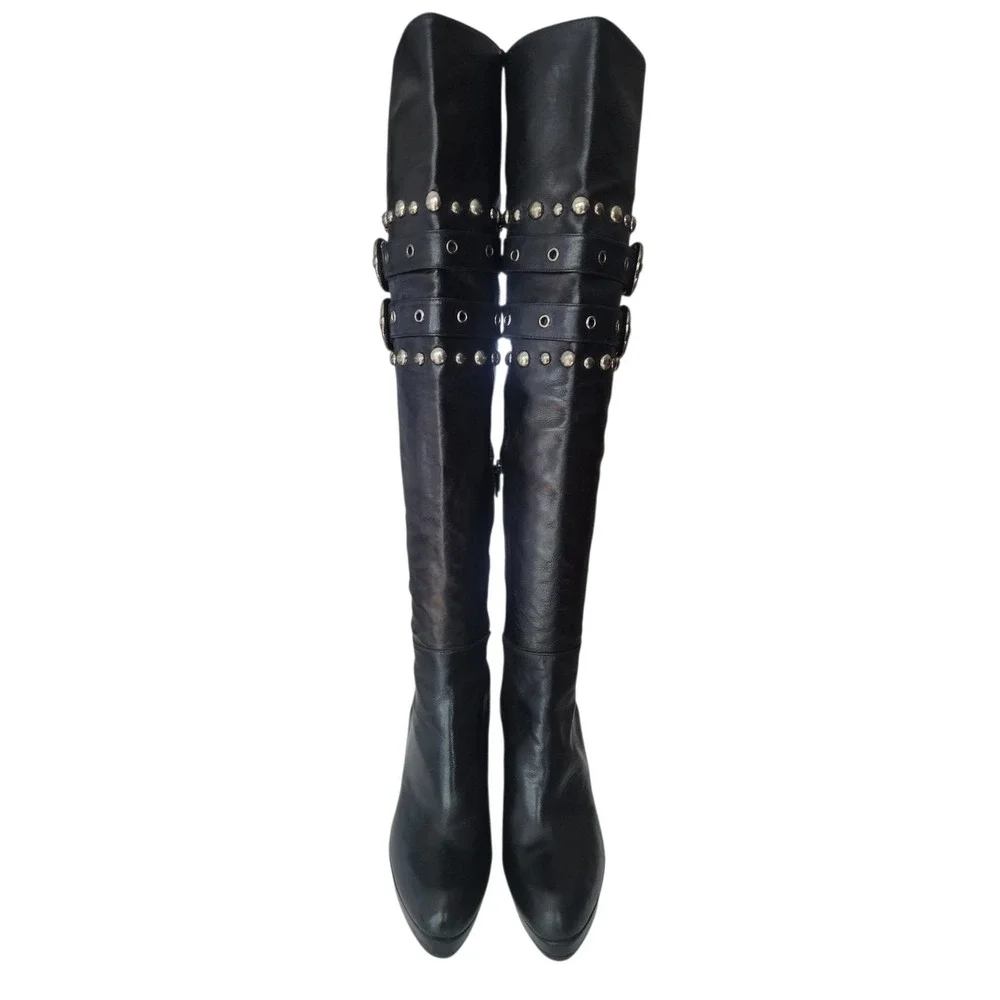 Stuart Weitzman Carnaby Black Leather Studded Buckle Over The Knee Heeled Boot 8